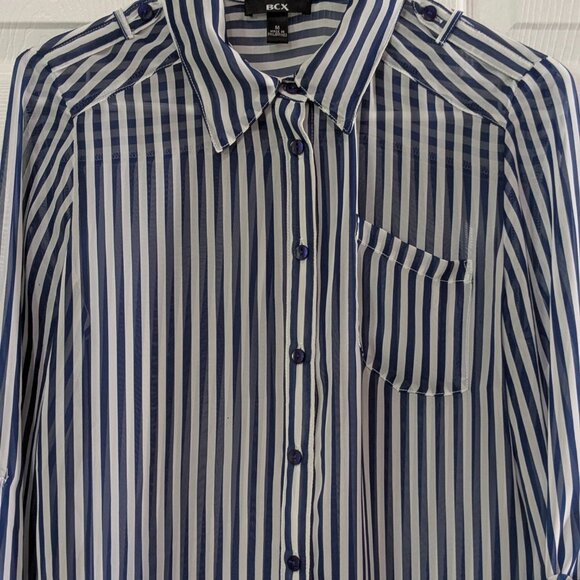 BCX Women's Sheer Striped Blouse Blue White, Size M, Long Sleeve, Button Front - Picture 3 of 16